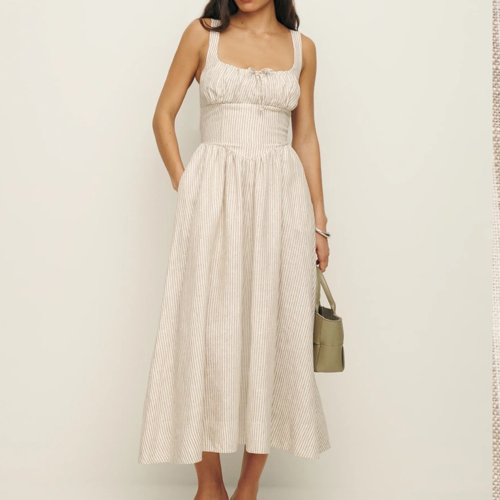 Reformation Balia Linen Dress in sandy stripe color